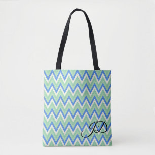 Tote Bag Rayures Chevron Bleu Vert et Blanc