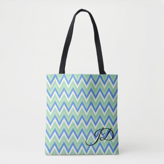 Tote Bag Rayures Chevron Bleu Vert et Blanc (Devant)