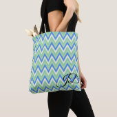 Tote Bag Rayures Chevron Bleu Vert et Blanc (De près)