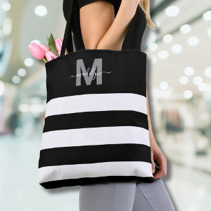 Tote Bag Rayures chic noires Monogramme personnalisé