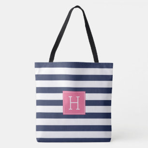 Tote Bag Rayures de bleu marine et monogramme rose