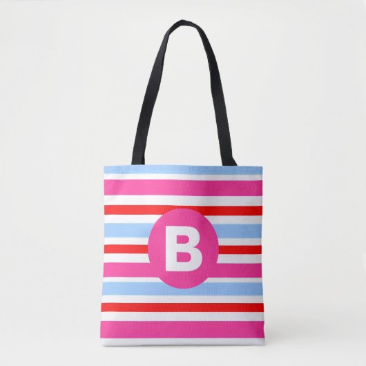Tote Bag Rayures de bonbons rose et bleu clair Monogramme (Devant)