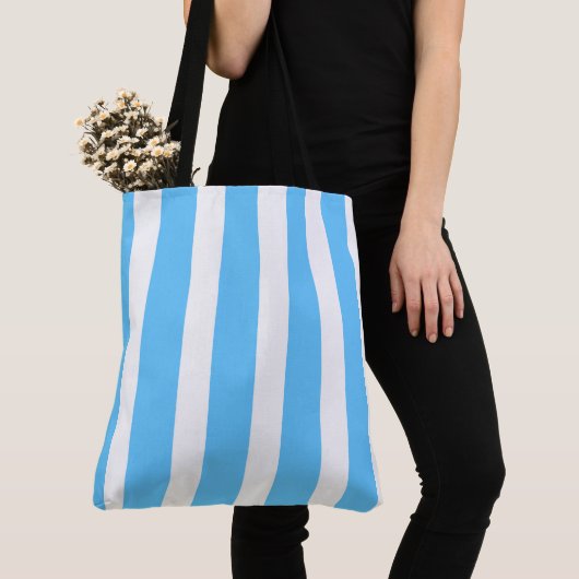 Tote Bag Rayures de cabane bleu ciel et blanc (De près)