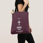 Tote Bag Rayures de zèbre bordeaux Motif Verset biblique Ch (De près)