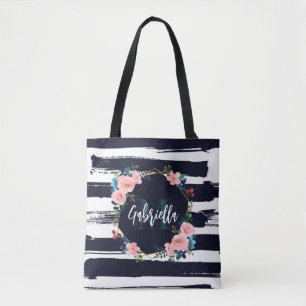 Tote Bag Rayures Et Monogramme De Cadre Floral