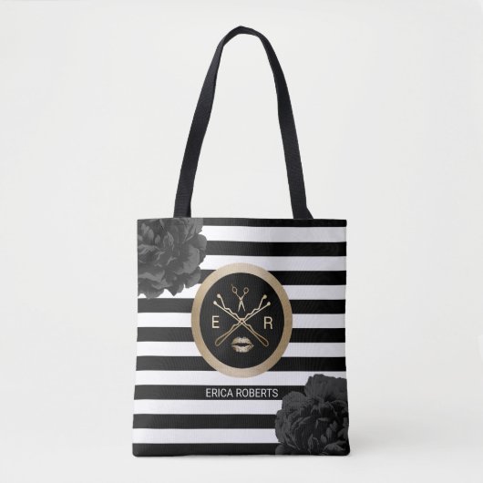 Tote Bag Rayures florales de noir de coiffeur de maquilleur (Devant)