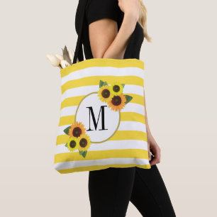 Tote Bag Rayures lumineuses Fleurs de soleil jaunes Monogra
