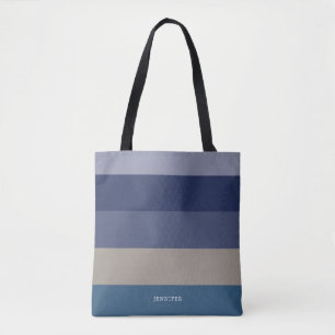 Tote Bag Rayures Modernes avec Monogramme Teintes de Bleu