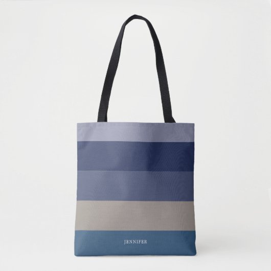 Tote Bag Rayures Modernes avec Monogramme Teintes de Bleu (Devant)