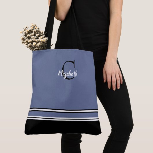 Tote Bag Rayures Monogramme Moderne Noir Bleu (De près)