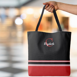 Tote Bag Rayures Monogramme Moderne Noir Rouge
