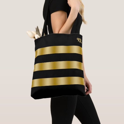 Tote Bag Rayures monogramme noir et or (De près)