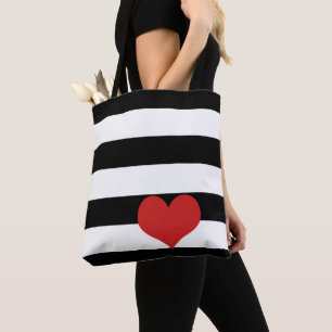 Tote Bag Rayures noires et blanches avec cœur rouge