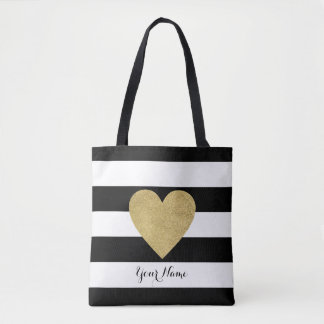 Tote Bag Rayures noires et blanches avec le coeur de