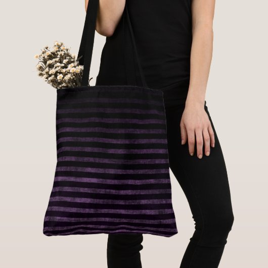 Tote Bag Rayures ombrées grunge noir et violet (De près)