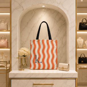 Tote Bag Rayures ondulées orange élégantes avec votre monog