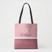 Tote Bag rayures roses et noires avec nom & initiales joli (Devant)