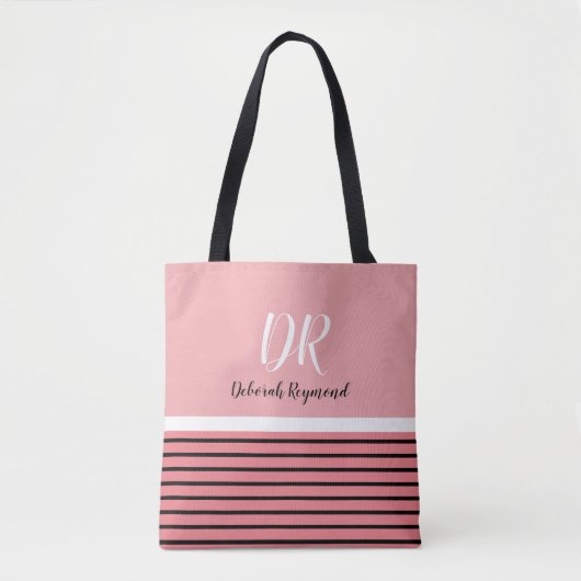 Tote Bag rayures roses et noires avec nom & initiales joli (Devant)