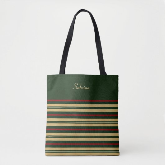 Tote Bag Rayures vertes or et rouges de Noël (Devant)