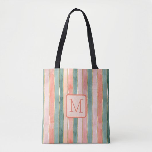 Tote Bag Rayures verticales bloc de couleur pêche Monogramm (Devant)