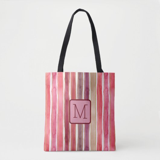 Tote Bag Rayures verticales bloc de couleur prune Monogramm (Devant)