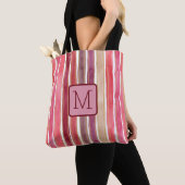Tote Bag Rayures verticales bloc de couleur prune Monogramm (De près)