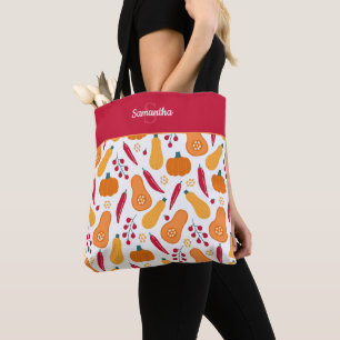 Tote Bag Récolte Motif végétal avec nom orange et rouge