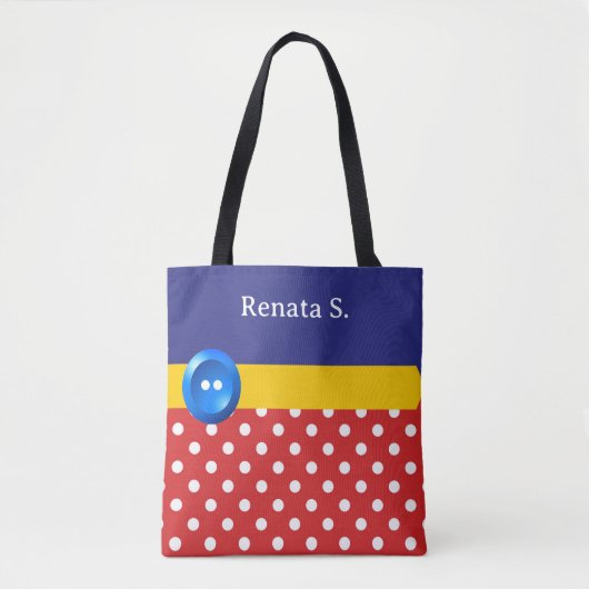 Tote Bag Red and White Polka Dots and Blue Button (Devant)