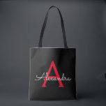 Tote Bag Red Black Girl Script Monogramme Nom Moderne<br><div class="desc">Black and Red Elegant Ajoutez votre propre nom Monogram Book Bag. Ce sac de livre peut être customisé pour inclure votre nom initial et prénom et donné comme cadeau pour Noël,  Sweet 16 Anniversaire,  Fête des mariées ou Mariage.</div>