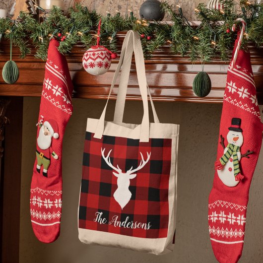 Tote Bag Red Buffalo Plaid & Deer | Nom personnel Cadeau