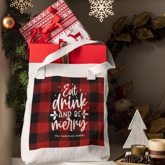 Tote Bag Red Buffalo Plaid “Eat, Drink & Be Merry”