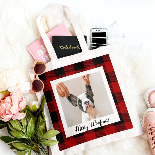 Tote Bag Red Buffalo Plaid & Joyeux Woofmas Avec Photo Chie