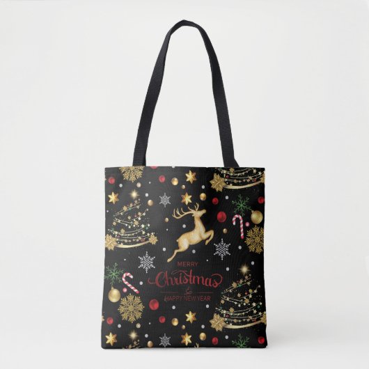 Tote Bag Red Gold Reindeer Joyeux sapin de Noël (Devant)