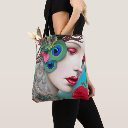 Tote Bag Red Lips et Rose Peacock Abstrait (De près)