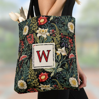 Tote Bag Red White Green Lilies Dahlias Floral Monogram