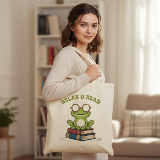 Tote Bag Relax & Read Cute Frog on Books | Funny Bookworm 