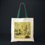 Tote Bag Religion vintage, judaïsme, allumage de la menorah<br><div class="desc">Illustration religieuse vintage de judaica représentant un rabbin allumant les bougies d'une menorah pendant Hanoucca avec deux enfants regardant.</div>