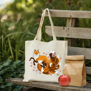 Tote Bag Renard Kitsune Fantaisiste Fleurs de Cerisier Bleu