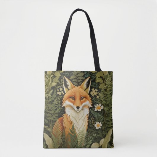 Tote Bag Renard Rouge Élégant et Feuillage Vert (Devant)