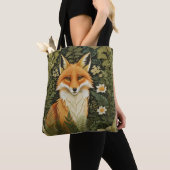 Tote Bag Renard Rouge Élégant et Feuillage Vert (De près)