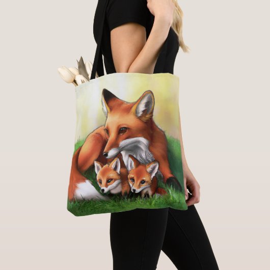 Tote Bag Renard rouge Mère et Kits dans l'herbe (De près)