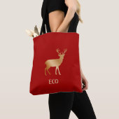 Tote Bag Renne doré sur fond rouge foncé (De près)