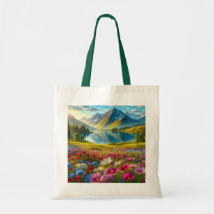 Tote Bag Ressort coloré/lac de montagne fleuri