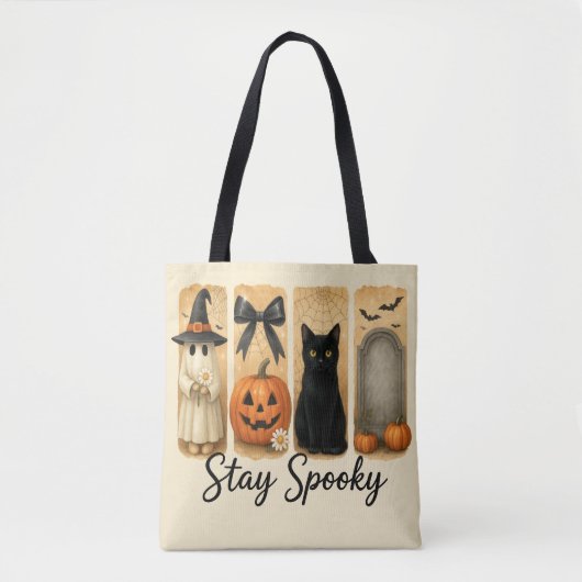 Tote Bag "Restez Éffrayant" Halloween pinceau chat Chat fem (Devant)