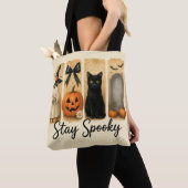 Tote Bag "Restez Éffrayant" Halloween pinceau chat Chat fem (De près)