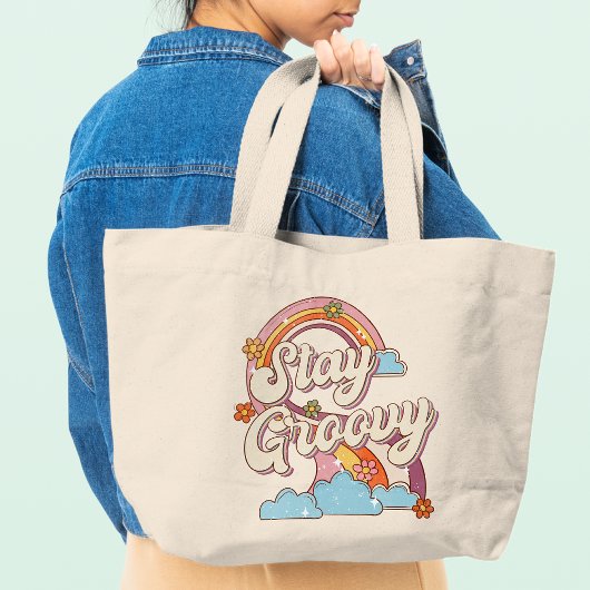 Tote Bag Restez Super Retro Fleurs Arc-en-ciel Typographie