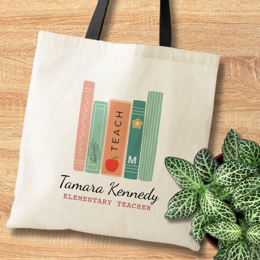 Tote Bag Retour à l'école Pastel Livres Nom de l'enseignant