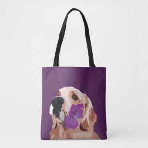 Tote Bag Retriever violet doré avec une fleur
