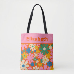 Tote Bag Retro 1960s motif floral coloré avec nom