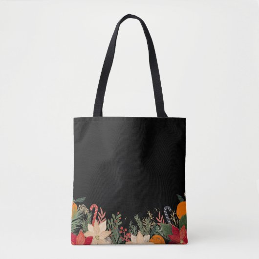 Tote Bag Retro Christmas floral pattern in black (Devant)